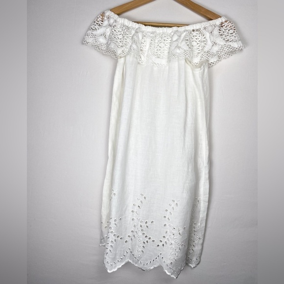 Ersilia Sz. S 100% linen handmade off the shoulder white lace and crochet dress - Picture 5 of 12